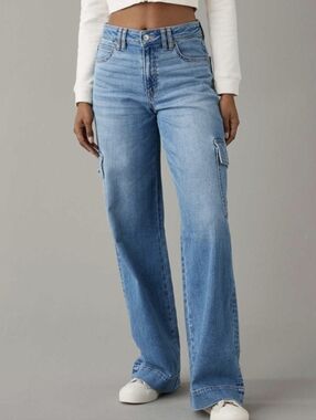 American Eagle Super High Rise Baggy Wide Leg Side Pocket Jeans Size 10